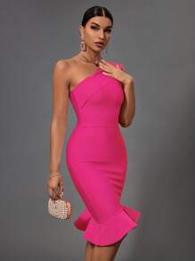 Earkoha Women's Fashion Spring Summer Sexy Elegant Black One Shoulder Midi Ruffle Bodycon Bandage Dress Party Cocktail Evening Dress Clothes - Màu Hồng Tươi - Xem 2