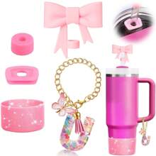 Set de 5 accesorios para tazas de 30oz y 40oz, decoraciones con iniciales para tumblers, que incluye tapa y funda de silicona para pajita, tapa a prueba de derrames, y dije para asa