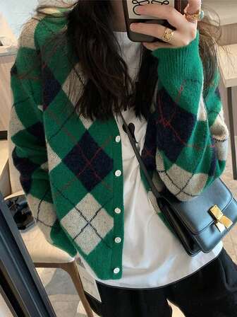 Casual V-Neck Retro Diamond Plaid Knit Cardiagn,Long Sleeve Tops