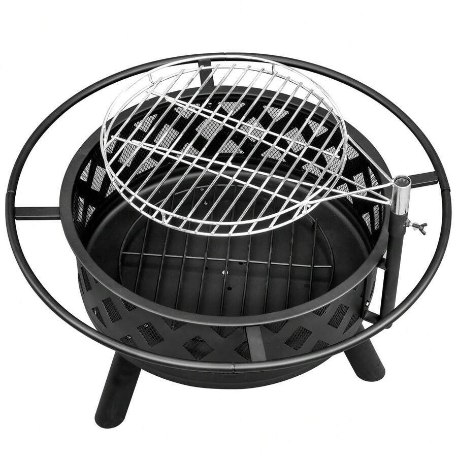 30in Outdoor Metal Fire Pit With Cooking Grates Black - Black - View 1