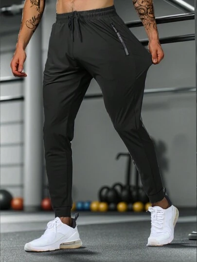 Men's Stretchy Casual Pants With Zipper Pockets & Adjustable Waist, Ideal For Summer Workout And Training, Machine Washable, Reflective