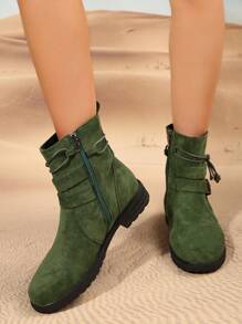 Women Fashion Casual 3CM Flat Heel Retro Round Toe Suede Cowboy  Boots With Side Zipper For Travel Vacation Strolling - Green - View 6