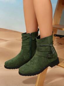 Women Fashion Casual 3CM Flat Heel Retro Round Toe Suede Cowboy  Boots With Side Zipper For Travel Vacation Strolling - Green - View 5