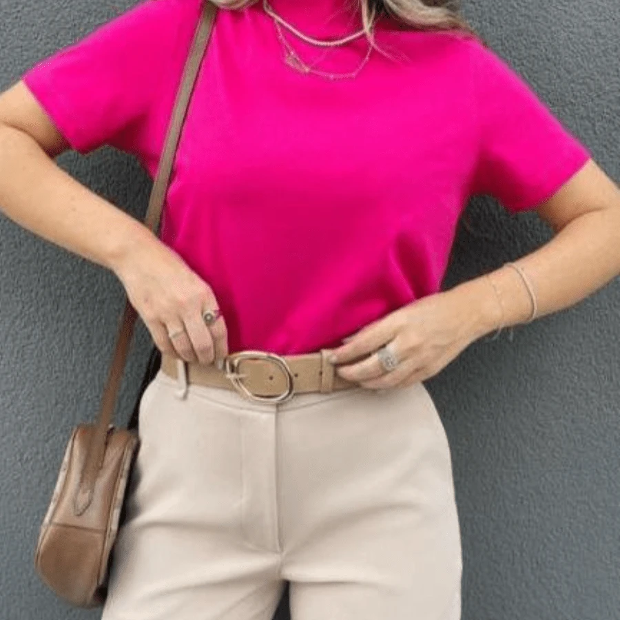 WOMEN'S T-SHIRT, HIGH NECK, SHORT SLEEVE - Hot Pink - View 1