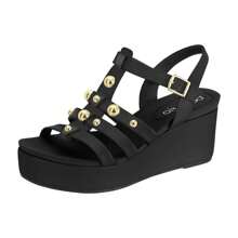 Beira Rio Anabela Flatform Black Sandal With Gold Studs - 查看 2
