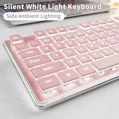 EWEADN Mechanical Feel Gaming Keyboard, All-Metal Panel 104 Keys Wired With Water Drop Keycaps, Mute Button, And White Backlit USB Wired Keyboards For Games And Office, For Windows Laptop PC Pink