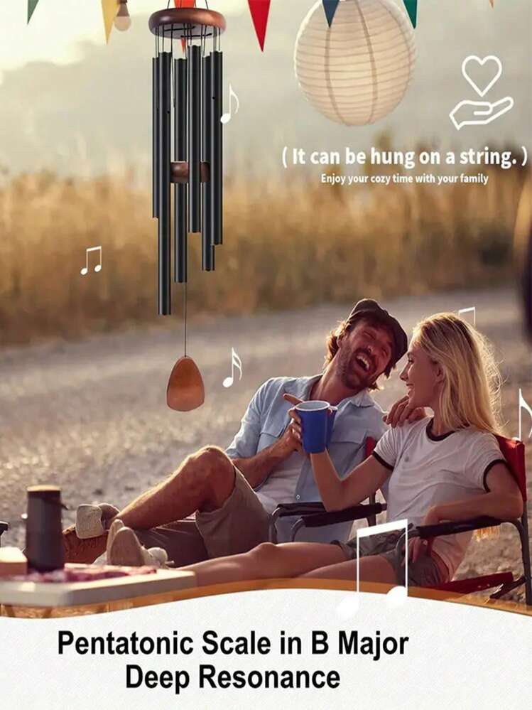 1 个经典黑色铝管风铃，带 6 个金属管，手工制作的木制风铃，适用于户外庭院/阳台/周年纪念日/生日/感恩节/母亲节礼物，适用于露台/阳台/门厅/花园装饰 - 黑色 - 查看 3
