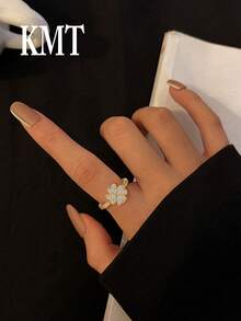 KMT 1 件铜方晶锆石四叶草心形旋转戒指，时尚女士珠宝礼盒 - 愛心四葉草款 - 查看 6
