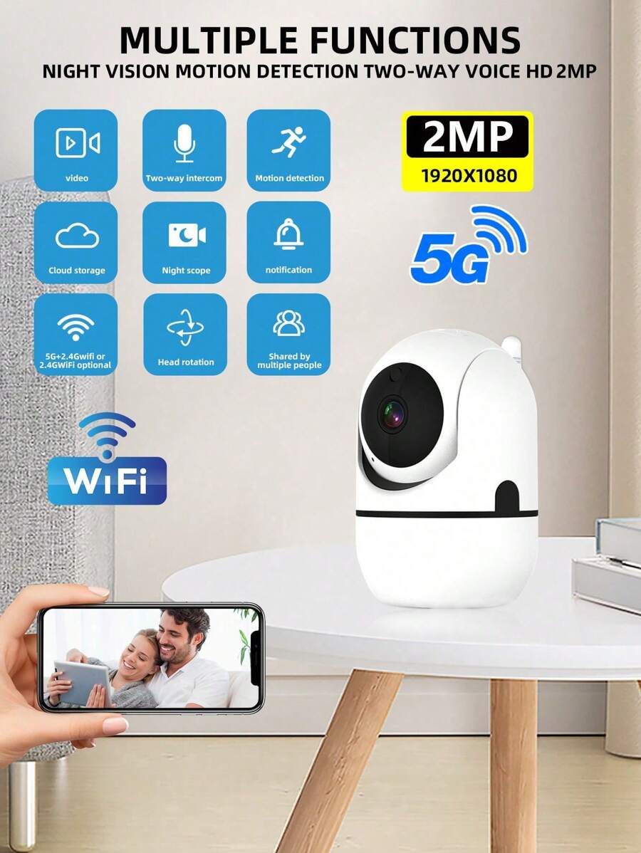 WJG 2MP 高清 1080P，双频 2.4G+5GWIFI 和 2.4GWIFI 可选配置室内外安防摄像机、PTZ 摄像机、智能室内外 PTZ IP 监控摄像机、无线 WIFI 摄像机、安防监控摄像机、IP 摄像机、PTZ 摄像机、智能室内外 PTZ IP 监控摄像机、家庭安防视频监控网络 PTZ 摄像机系统支持双向语音、2.4G/5G 网络系统双向 AUD、自动跟踪、报警和彩色夜视、泛光灯