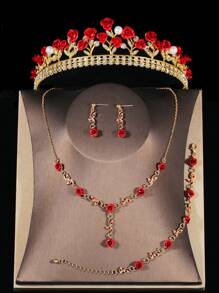 1 套新娘金色新娘配饰 - 红玫瑰花装饰皇冠、项链、耳环、手链（5 件），适合婚礼、典礼、派对 - 金色 - 查看 8