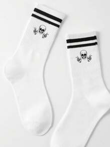 1双男士中筒袜图案骷髅搞怪街头防臭吸汗休闲篮球运动袜圆领袜适合日常生活 - 黑與白 - 查看 7