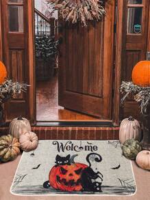 1pc 40*60cm Polyester Halloween Decorative Doormat, Floor Mat, Cute Black Cat Pumpkin Design Decorative Non-Slip Floor Mat For Halloween Party Kitchen Bedroom Bathroom Holiday Home Decoration Carpet, Halloween Gift Mat, Halloween Ornaments