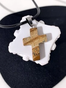 1 pieza Collar de cordón con colgante de cruz de piedra natural, simple y de moda, adecuado para uso diario
