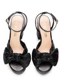 Women Chunky Platform Heeled Sandals, Pleated Bow Knot Ankle Buckle Strap Spring Summer Heeled Sandals, Open Toe Comfortable Y2K Dress Shoes For Prom, Wedding, Party - 黑色 - 查看 9
