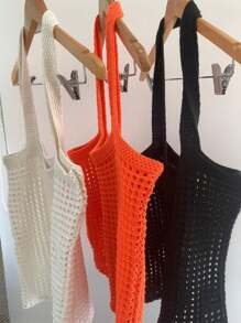Women's Crochet Knit Beach Bag Summer Tote Bag - Orange - View 4