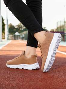 Women's Brown Knit Fabric Casual Sports Sneakers, Comfortable Flat Soft Bottom Lightweight Workout Running Shoes For Spring/Summer