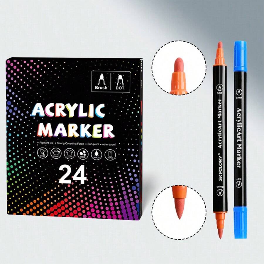12/24/36 Colors Dual-Tip Acrylic Marker Pens, Round Tip - 24 Colors - View 1