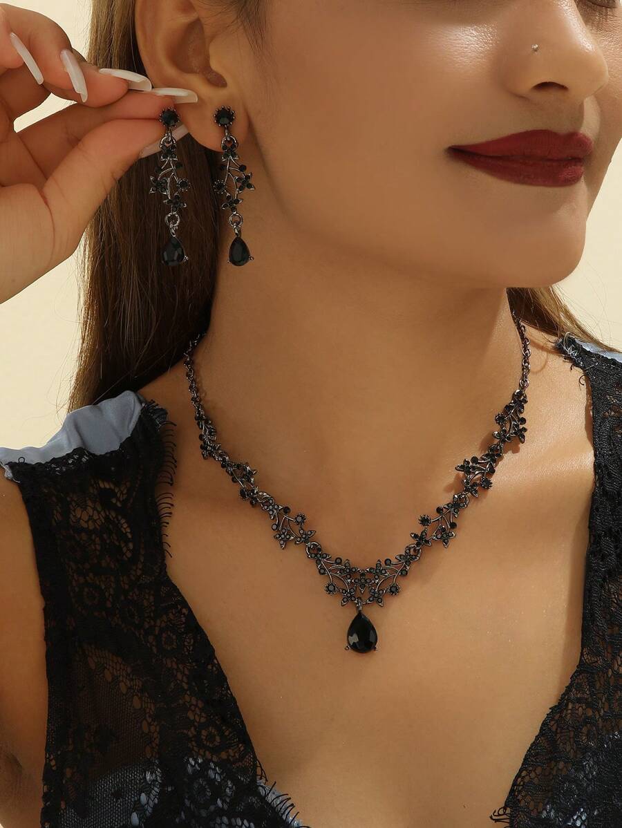 3 件套黑色泪珠全水钻镶嵌耳环、项链、新娘首饰套装 - 黑色 - 查看 1
