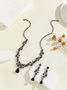 3 件套黑色泪珠全水钻镶嵌耳环、项链、新娘首饰套装 - 黑色 - 查看 5