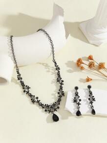 3 件套黑色泪珠全水钻镶嵌耳环、项链、新娘首饰套装 - 黑色 - 查看 3