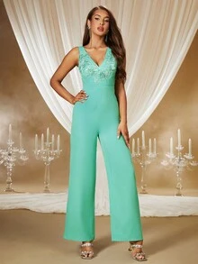 Double Crazy 女性實色刺繡無袖連身褲，適合日常穿著