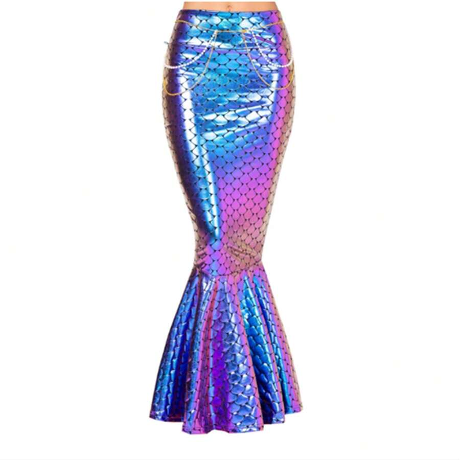 SYNCFUN Adult Metallic Hologram Shiny Mermaid Skirt Costume Role Play. Waist Pearl Chain Included (Hologram Scale Blue Purple) - 藍紫色 - 查看 1