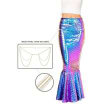 SYNCFUN Adult Metallic Hologram Shiny Mermaid Skirt Costume Role Play. Waist Pearl Chain Included (Hologram Scale Blue Purple) - 藍紫色 - 查看 2