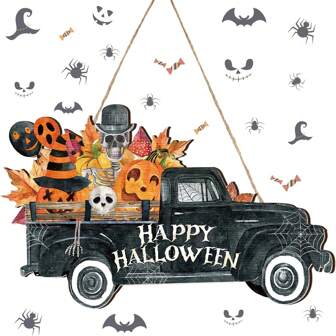 Halloween Välkommen Dörrskylt Hängande Skylt Trä Vintage Rustik Dörrhängare Dekor Halloween Skräckmönster Välkommen ytterdörrskylt Väggdekoration för inomhus utomhusfest (lastbilsstil)