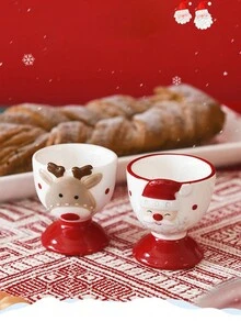 1pc Christmas Santa Ceramic Egg Cup, Creative Egg Holder & Mini Cup, Cute Reindeer Design - Multicolor - View 1