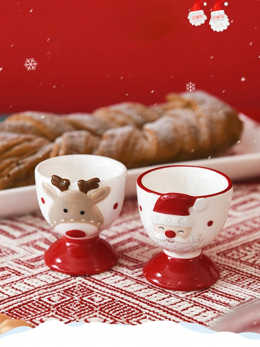 1pc Christmas Santa Ceramic Egg Cup, Creative Egg Holder & Mini Cup, Cute Reindeer Design - Multicolor - View 1