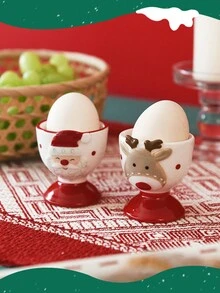 1pc Christmas Santa Ceramic Egg Cup, Creative Egg Holder & Mini Cup, Cute Reindeer Design - Multicolor - View 3