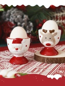 1pc Christmas Santa Ceramic Egg Cup, Creative Egg Holder & Mini Cup, Cute Reindeer Design - Multicolor - View 4