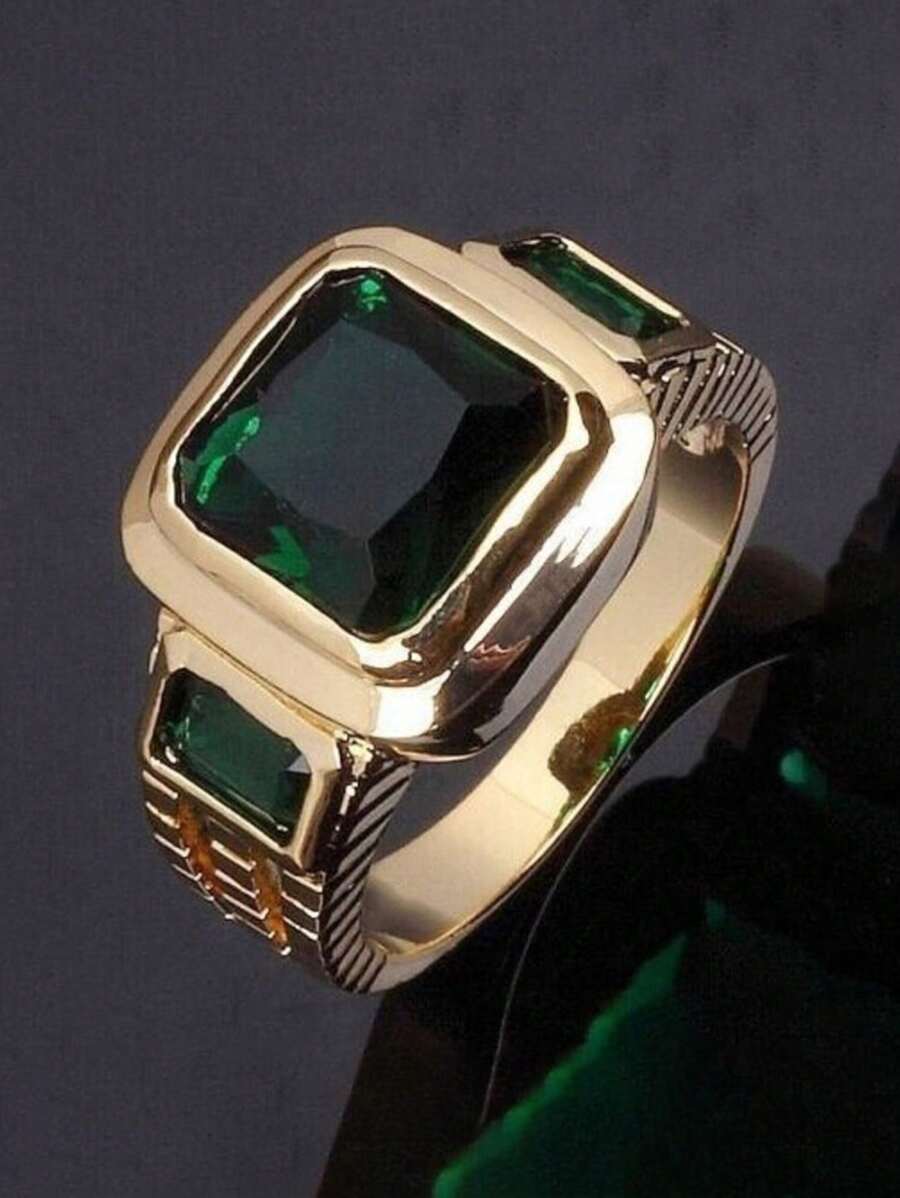 1pc Luxury Green Zirconia Square Ring, Business Fashion Jewelry Gift For Men Wedding Engagement Party