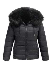 Giolshon 女士双面秋冬外套 - 人造毛皮连帽，通勤时尚，百搭叠穿