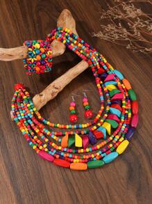 Exaggerated Multi-Layer Pendant Handmade Beaded Necklace, Earrings, Bracelet Set - European, African, Bohemian, Retro, Wooden Bead, Festival, Holiday Style - Multicolor - View 13