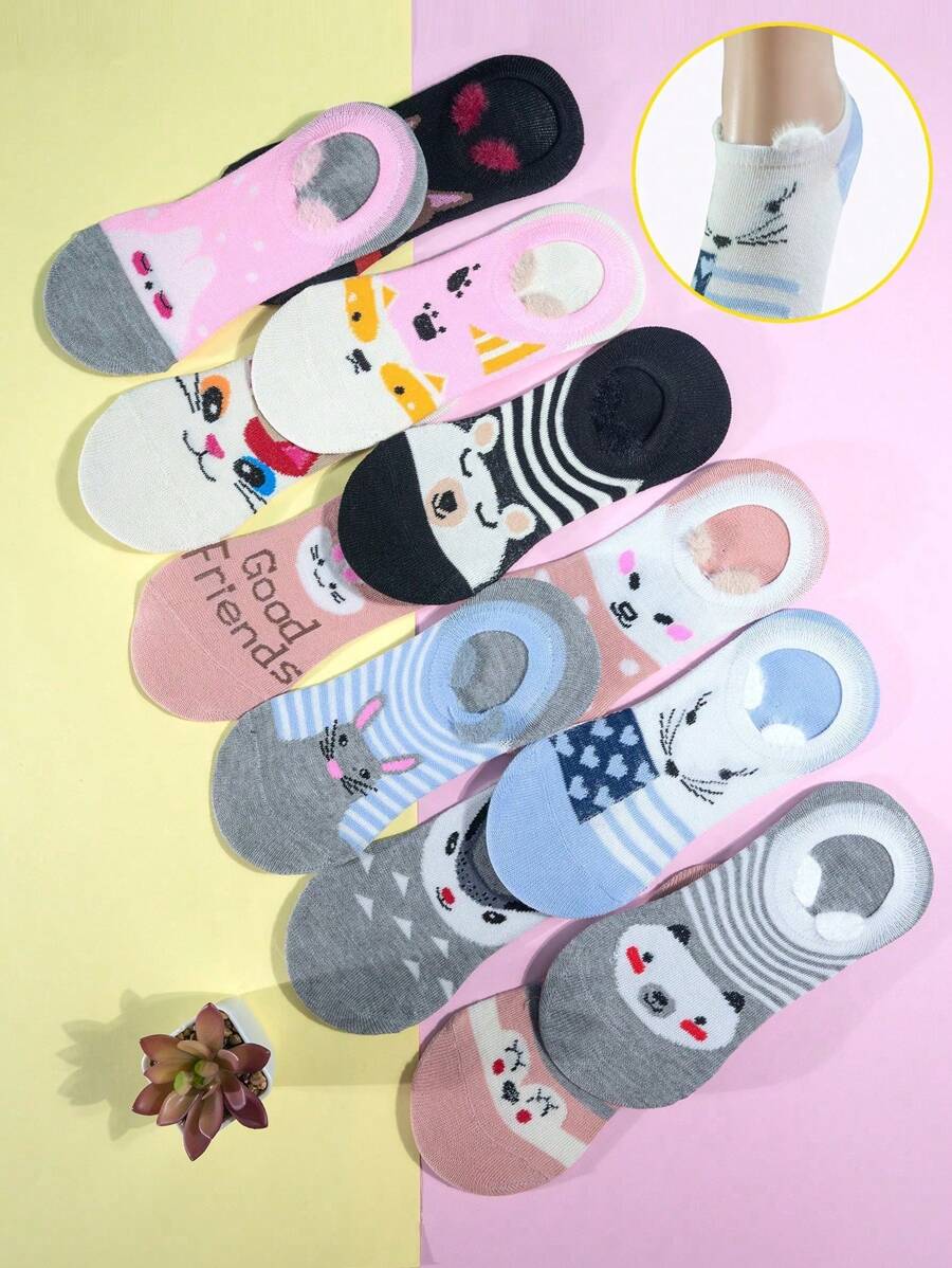 12 Pairs Of Invisible Socks With Ears For Women. Thin, Breathable And Super Comfortable With Different Designs In Each Package. - Multicolor - View 1
