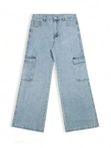 Men's Solid Blue Multi-Pocket Denim Cargo Pants - Light Wash - View 3