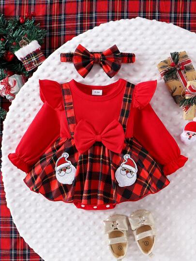 1件女婴可爱长袖圣诞格子连体衣，秋冬季