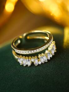 1 件 S925 纯银公主方形锆石开口戒指，送给伴侣和朋友、周年纪念的最佳礼物 - 金色 - 查看 4