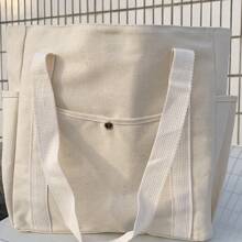 1pc Large Capacity Canvas Solid Letter Tote Bag Versatile Handbag For Commuter Work Student Class Underarm Women's Bag Shopping Bag