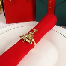 1 件水钻装饰圣诞树形合金餐巾环，适用于节日、餐厅餐桌布置