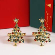 1 件水钻装饰圣诞树形合金餐巾环，适用于节日、餐厅餐桌布置