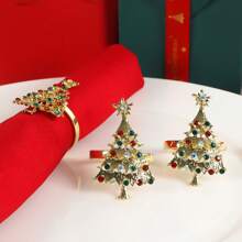 1 件水钻装饰圣诞树形合金餐巾环，适用于节日、餐厅餐桌布置
