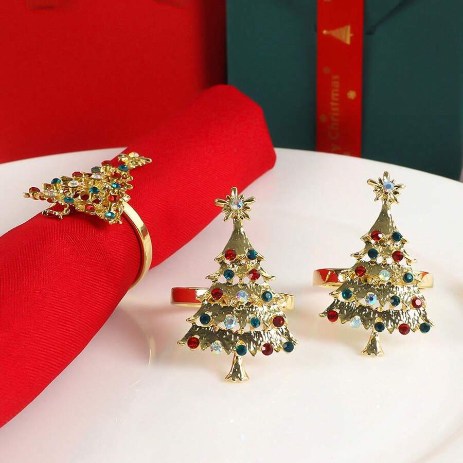 1 件水钻装饰圣诞树形合金餐巾环，适用于节日、餐厅餐桌布置