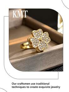 KMT 1 件铜方晶锆石四叶草心形旋转戒指，时尚女士珠宝礼盒 - 愛心四葉草款 - 查看 3