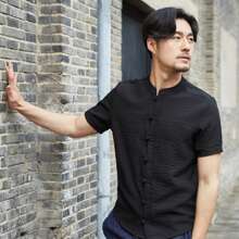 Men's Mandarin Collar Short Sleeve Chinese Button Shirt - Bruce Lee,Chinese Style,Simple And Elegant,Comfortable And Breathable - 黑色 - 查看 4