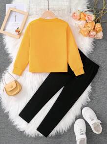 2pcs Young Girl Casual Fashion Spring Autumn Set, Featuring Solid Color Patchwork Design With Bow Accent, Ribbed Cuffs Crew Neck Knitted Top And Heart Pattern Elastic Waist Straight Leg Pants, Soft And Comfortable Chic Casual Outfit For Girls, Elementary School Daily Use Apparel For Fall - Yellow - View 2