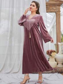 Women Plus Size V-Neck Long Sleeve Velvet Patchwork Striped Tassel Design Dress - Dusty Pink - View 2