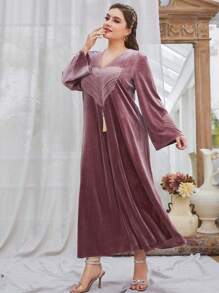 Women Plus Size V-Neck Long Sleeve Velvet Patchwork Striped Tassel Design Dress
