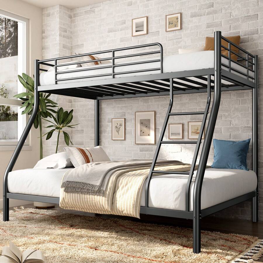 DlandHome Bunk Bed Metal Bed Frame, Twin Over Full, Heavy Duty Sturdy Bed Frame With Ladder, Full Length Guardrails, Underbed Storage, Black - 黑色 - 查看 1